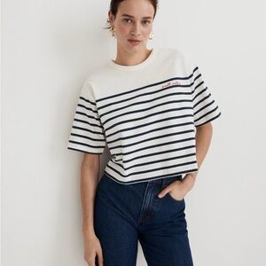 Madewell Women's Striped Navy and White Smooth Sailing Embroidered Tee Top